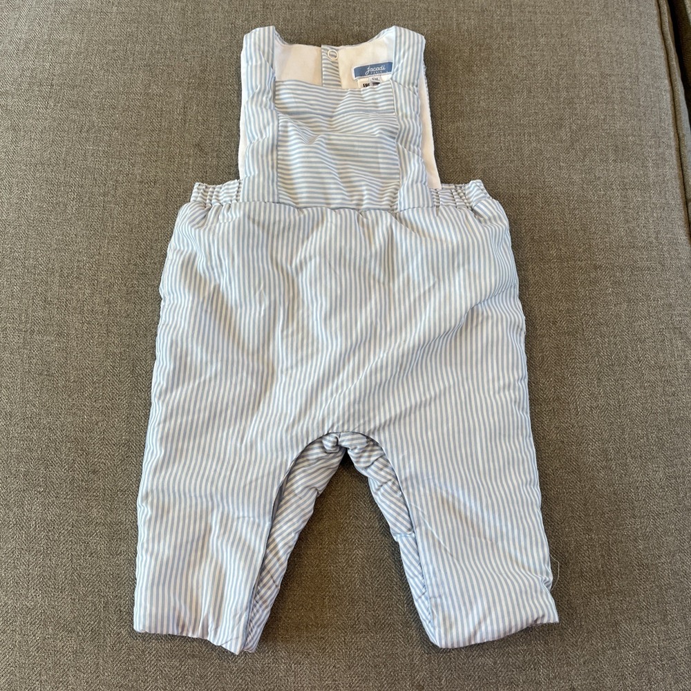 Jacadi Paris Baby Romper 6M Blue White Striped Padded Suit Snap Bottom Overalls